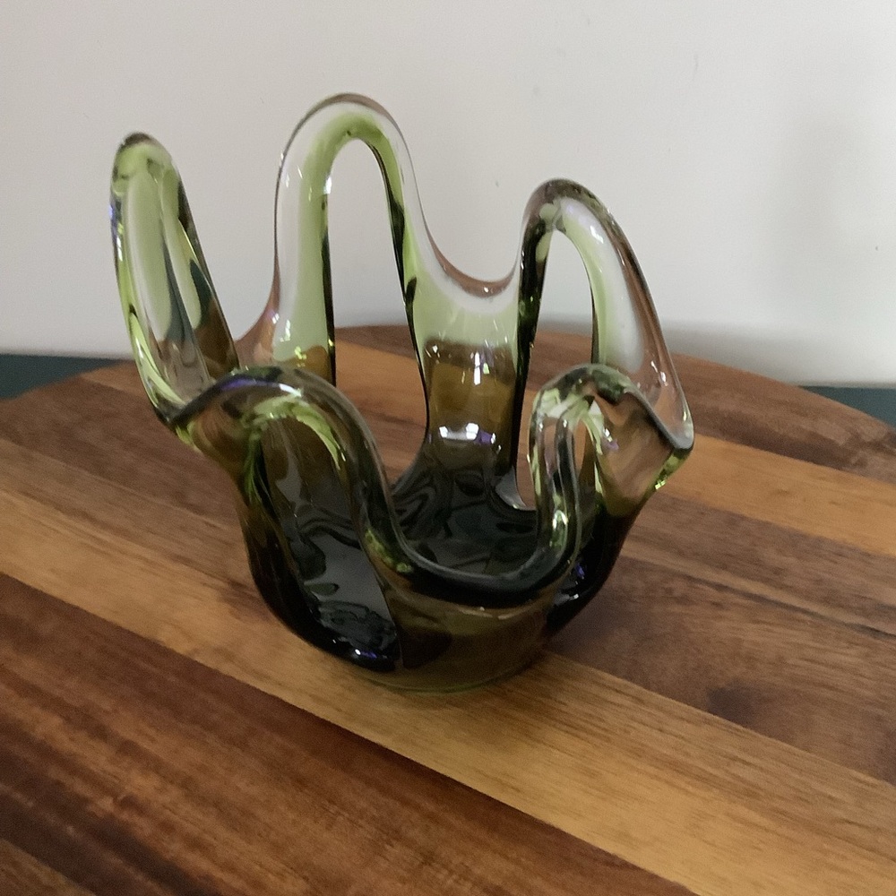 Vintage Murano Style Art Glass Bowl Votive | Olive Green Smoky Glass - Picture 2 of 9